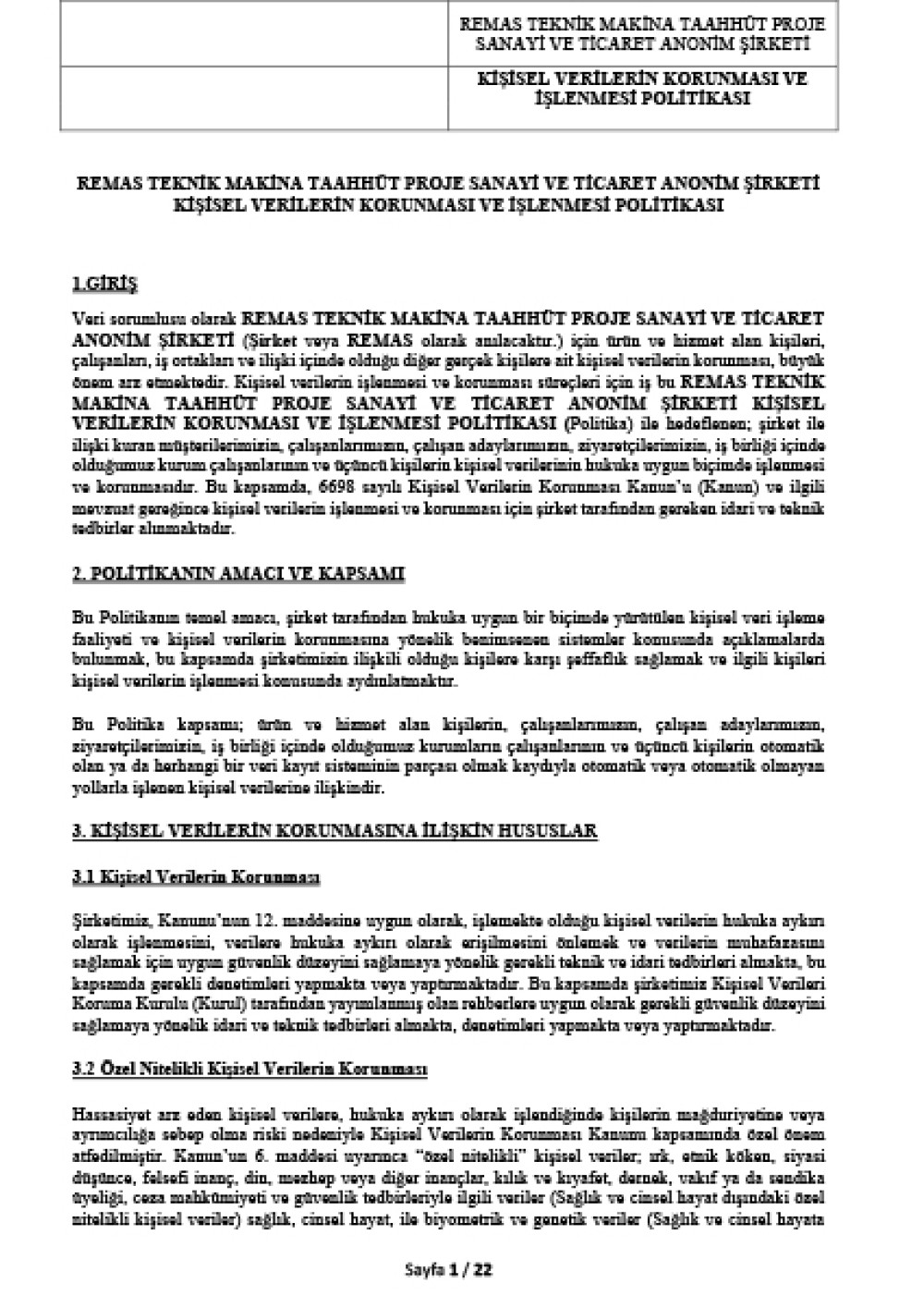 Kişisel Verilerin Korunması ve İşlenmesi Politikası